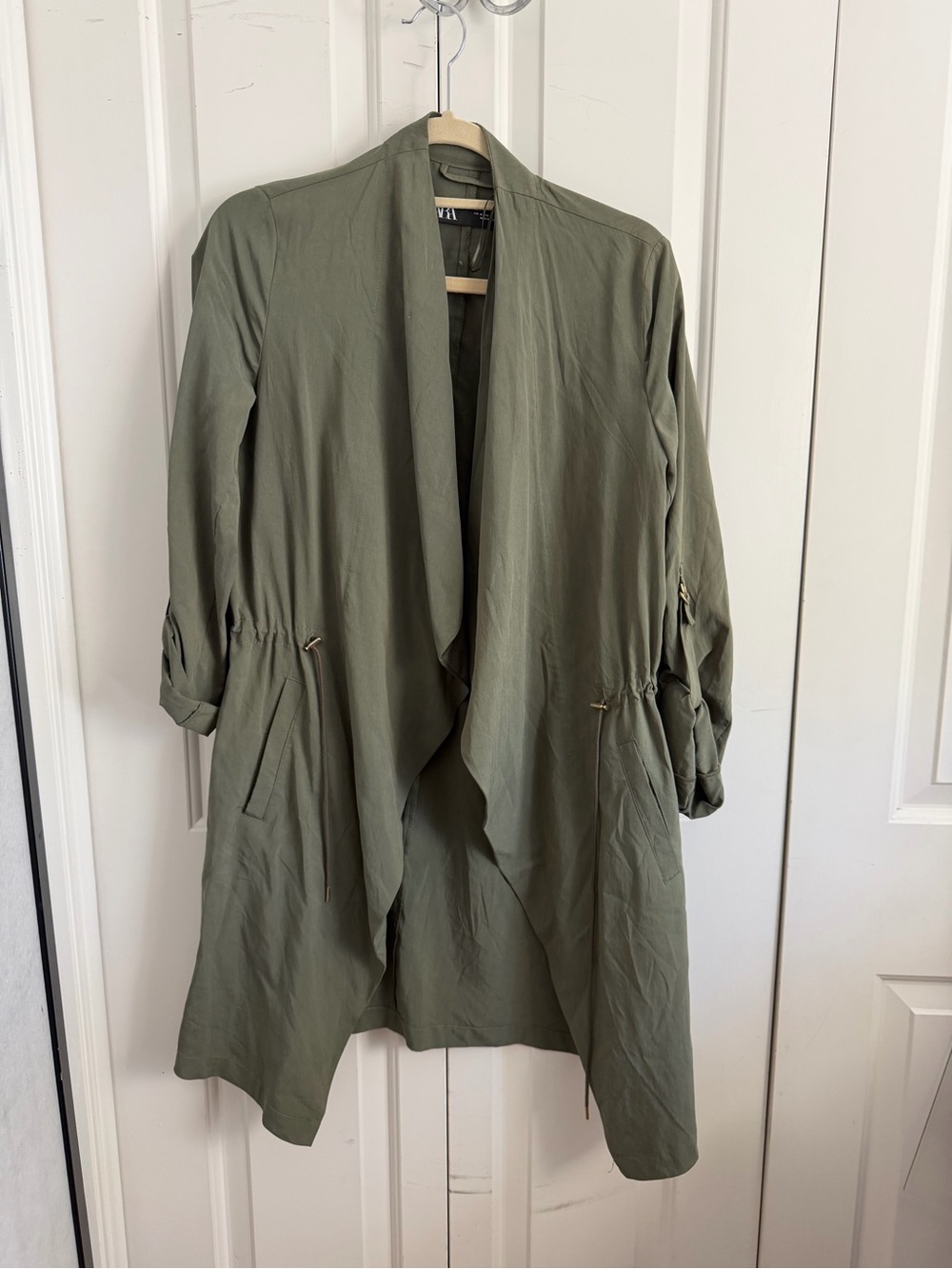 Zara Olive Open-Front Drape Trench Coat